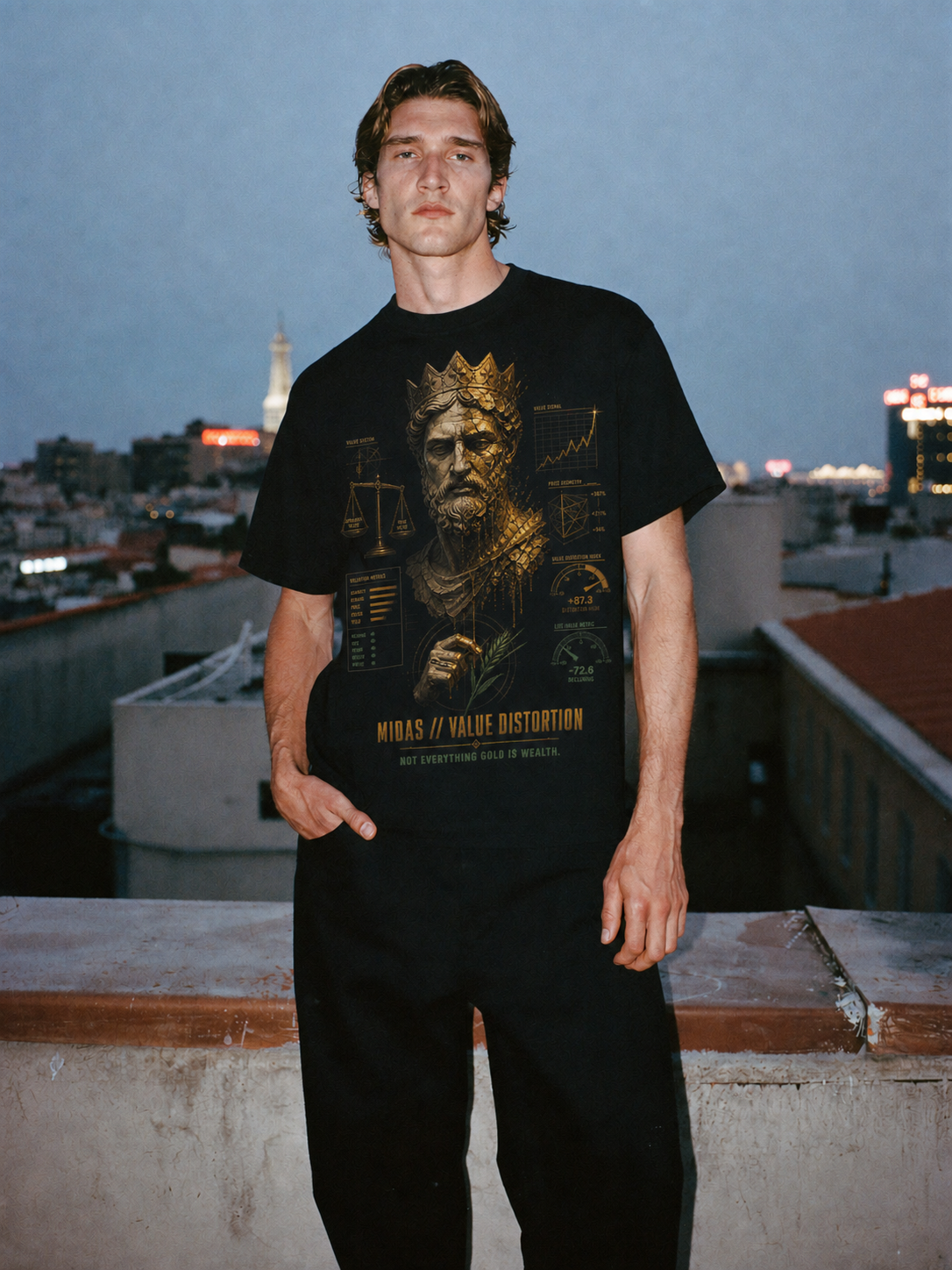 Midas Value Distortion black T-shirt — male Athens lifestyle shot 01