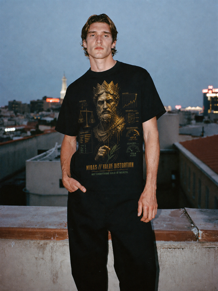 Midas Value Distortion black T-shirt — male Athens lifestyle shot 01