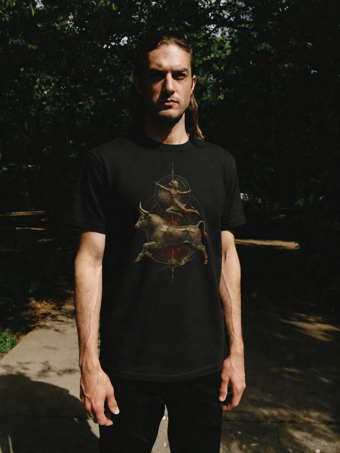 Minoan Bull Leap black T-shirt — male Athens lifestyle shot 01