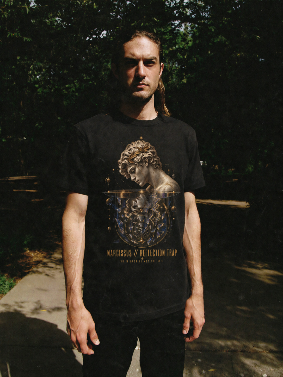 Narcissus Reflection Trap black T-shirt — male Athens lifestyle shot 01