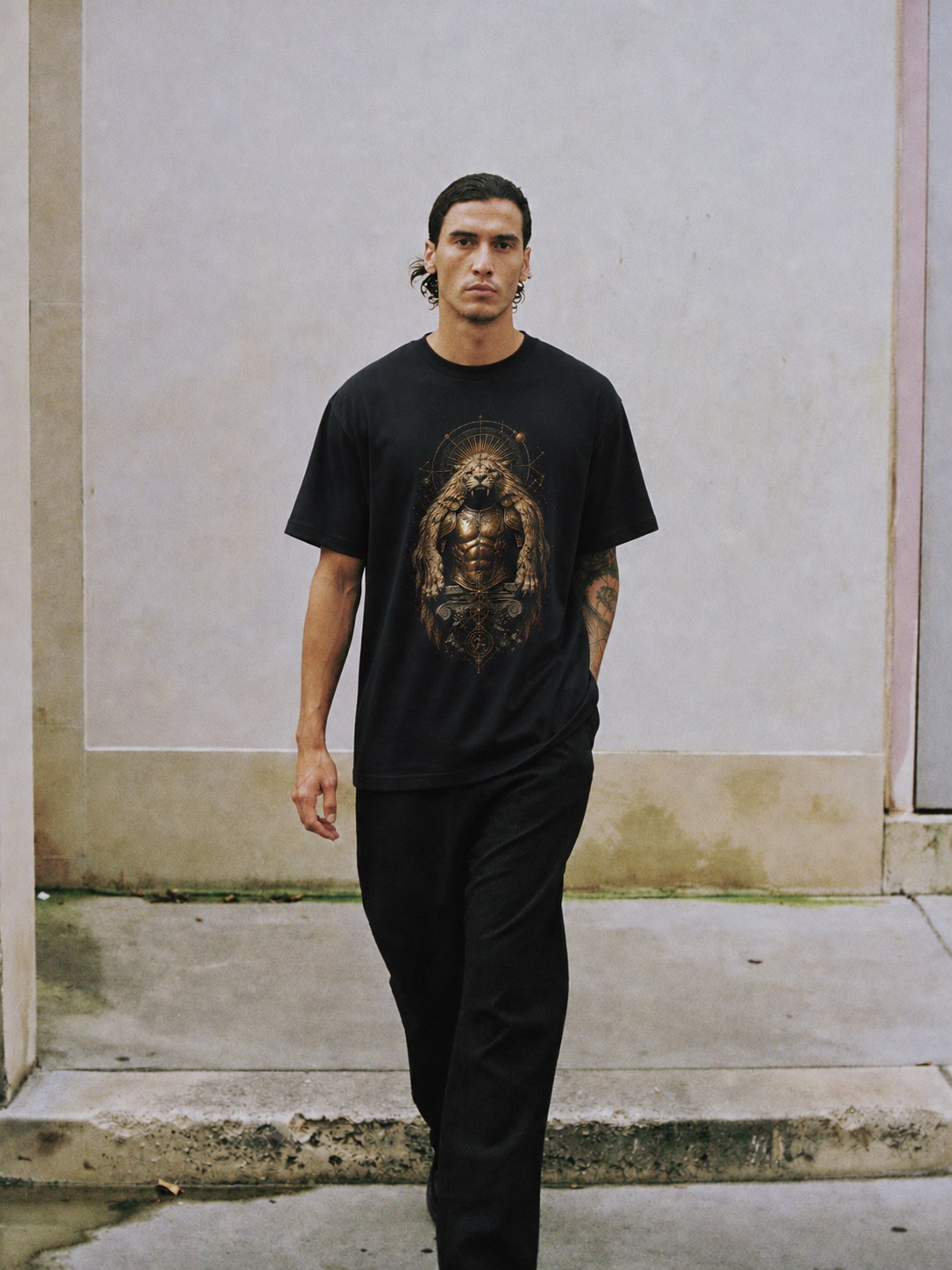 Nemean Lion Mantle black T-shirt — male Athens lifestyle shot 01