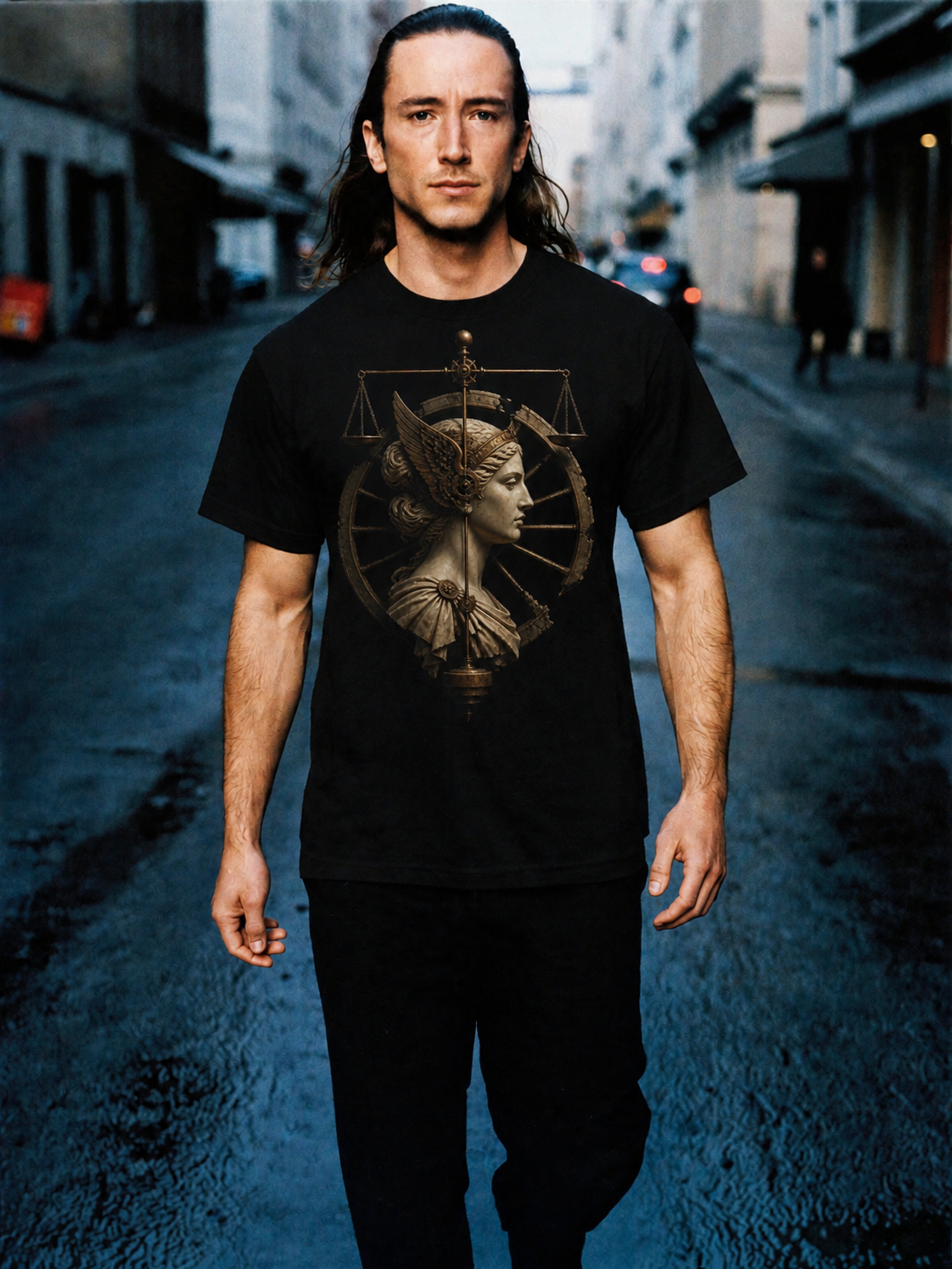 Nemesis Wheel black T-shirt — male Athens lifestyle shot 01