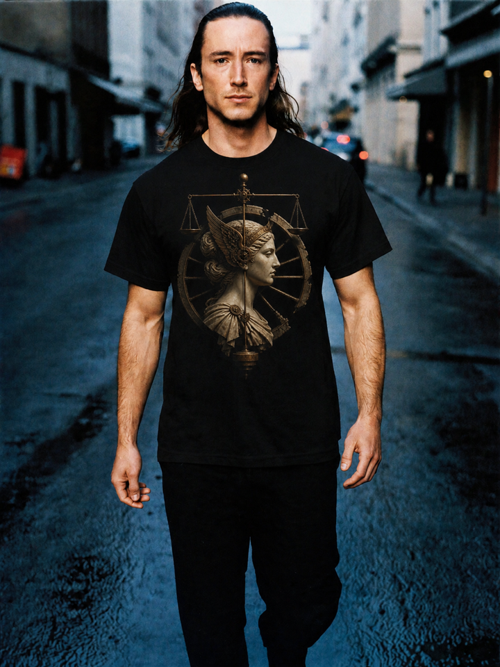 Nemesis Wheel black T-shirt — male Athens lifestyle shot 01