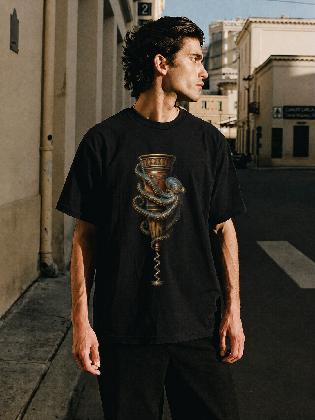 Octopus Rhyton T-Shirt — male lifestyle scene 1 in Athens