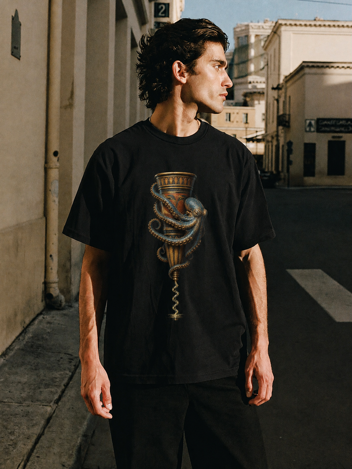 Octopus Rhyton T-Shirt — male lifestyle scene 1 in Athens