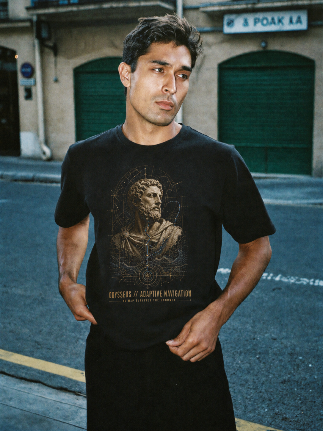 Odysseus Adaptive Navigation black T-shirt — male Athens lifestyle shot 01