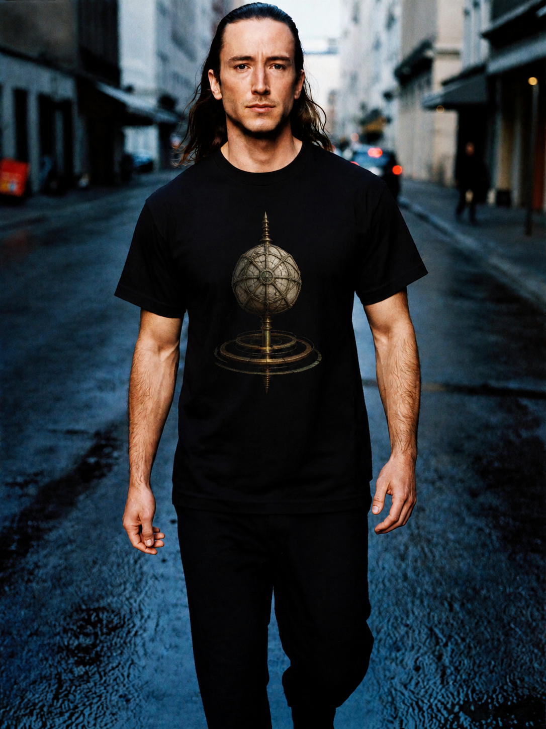 Omphalos World Axis black T-shirt — male Athens lifestyle shot 01
