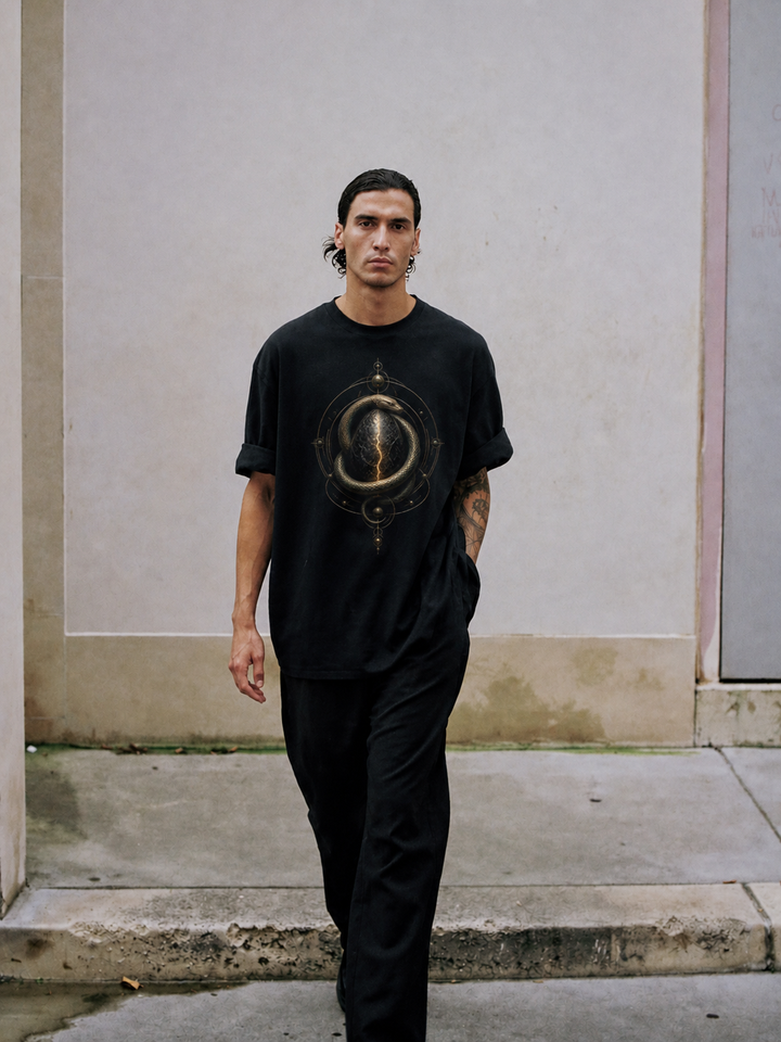 Orphic Cosmic Egg black T-shirt — male Athens lifestyle shot 01
