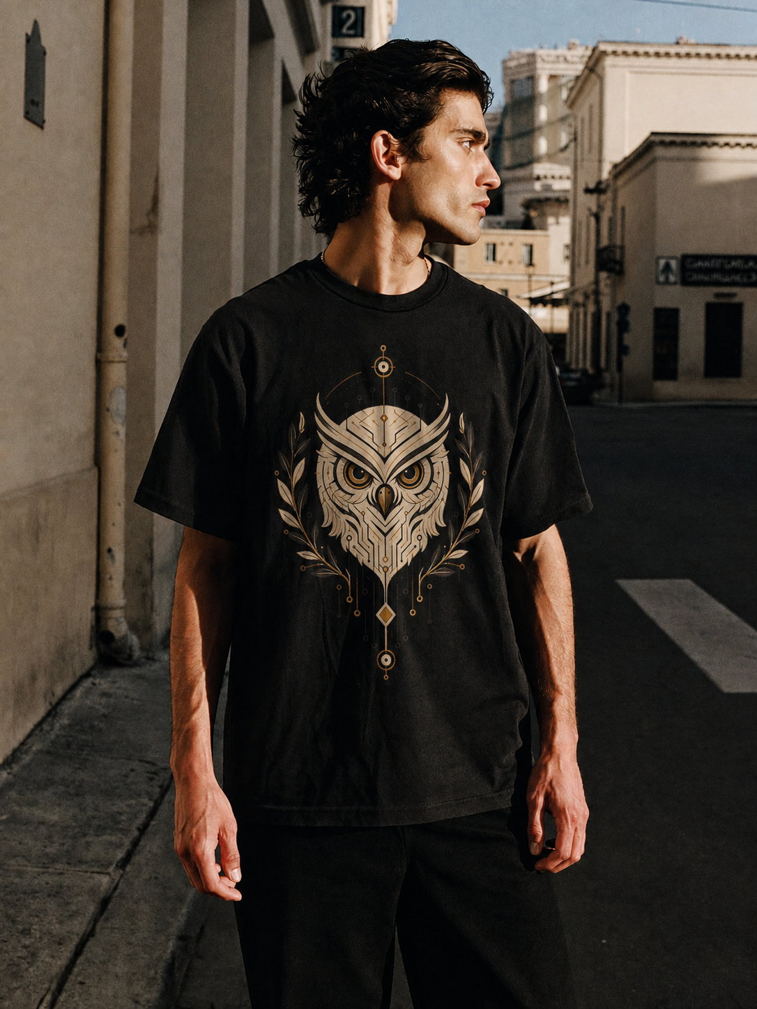 Owl of Wisdom black T-shirt — male Athens lifestyle view 1