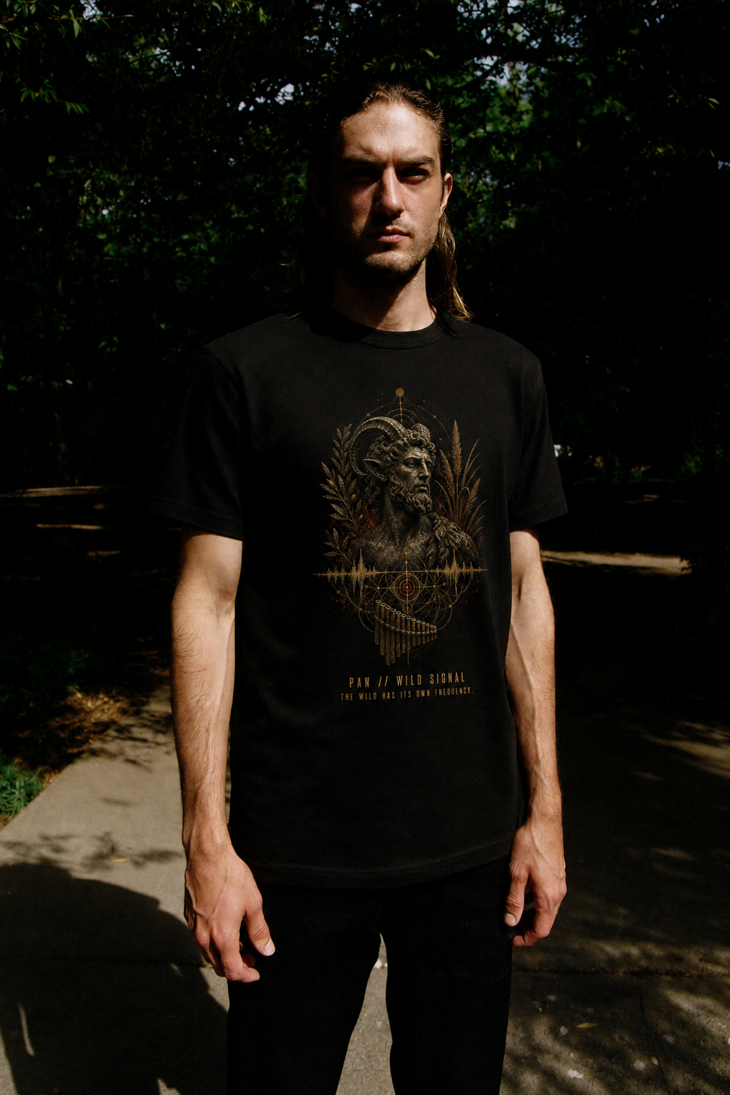Pan Wild Signal black T-shirt — male Athens lifestyle shot 01