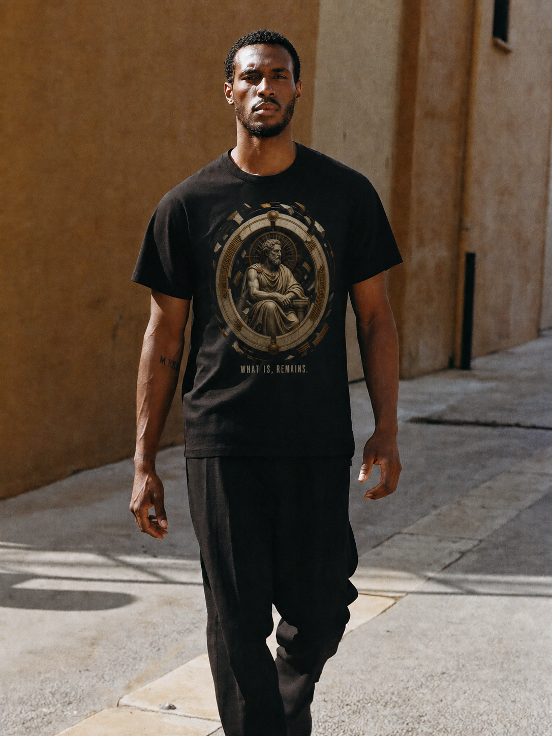 Parmenides Being State black T-shirt — male Athens lifestyle shot 01