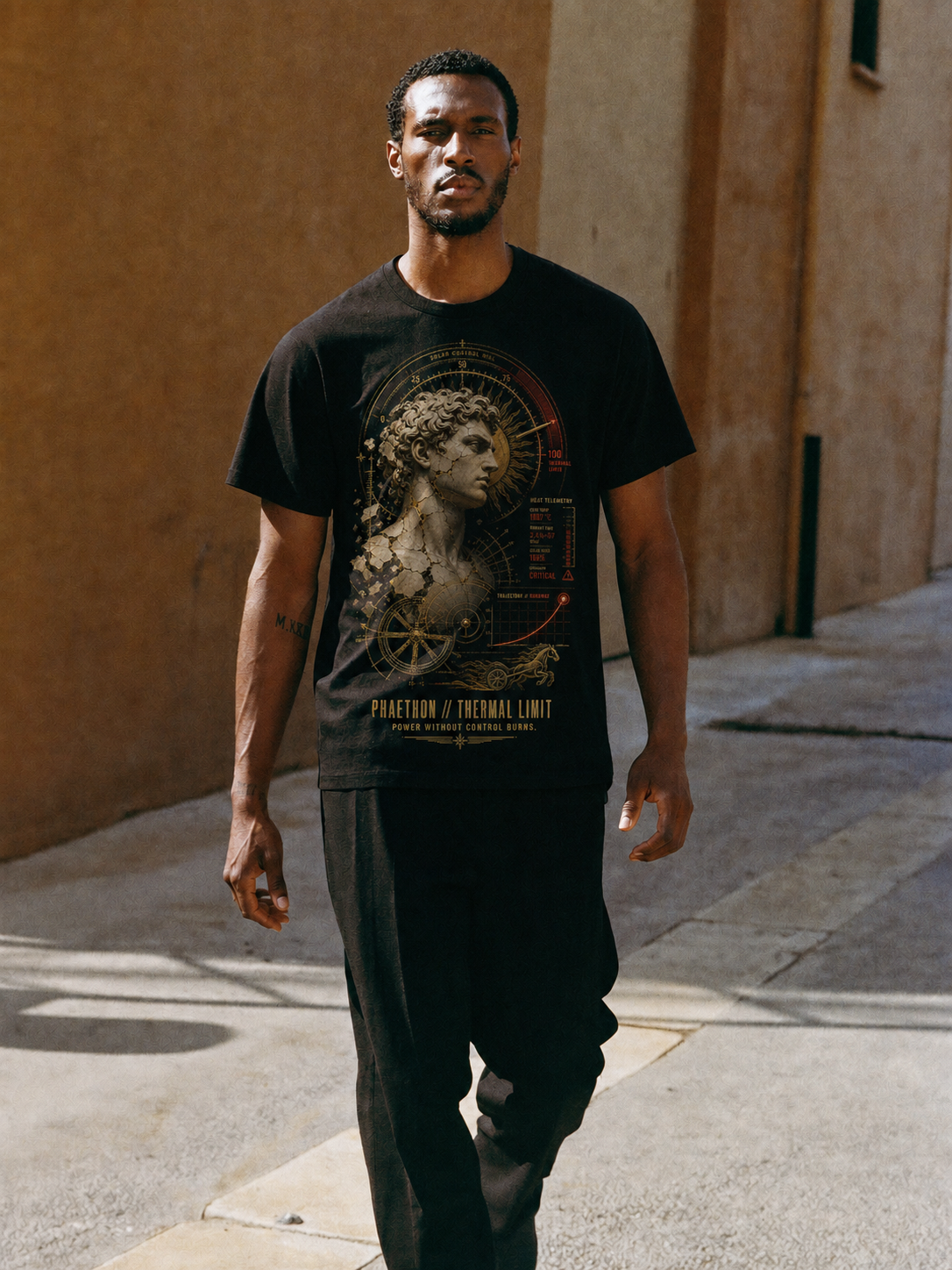 Phaethon Thermal Limit black T-shirt — male Athens lifestyle shot 01