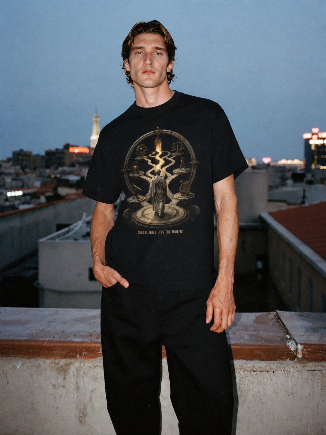 Phronesis Practical Wisdom black T-shirt — male Athens lifestyle shot 01