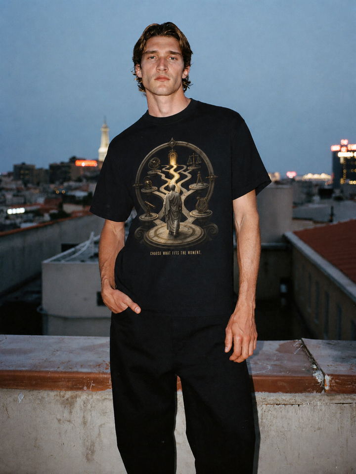 Phronesis Practical Wisdom black T-shirt — male Athens lifestyle shot 01