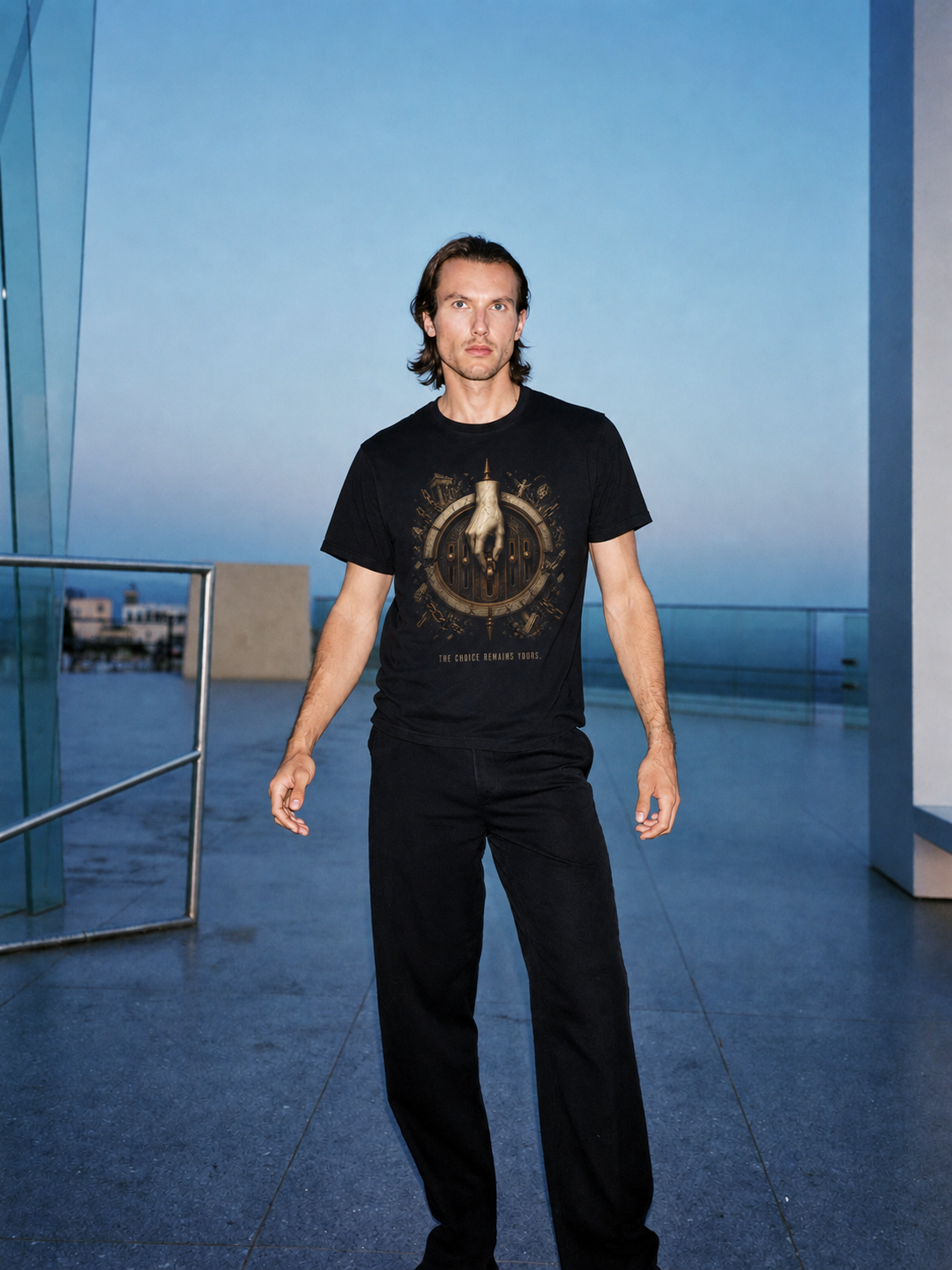 Prohairesis Inner Command black T-shirt — male Athens lifestyle shot 01