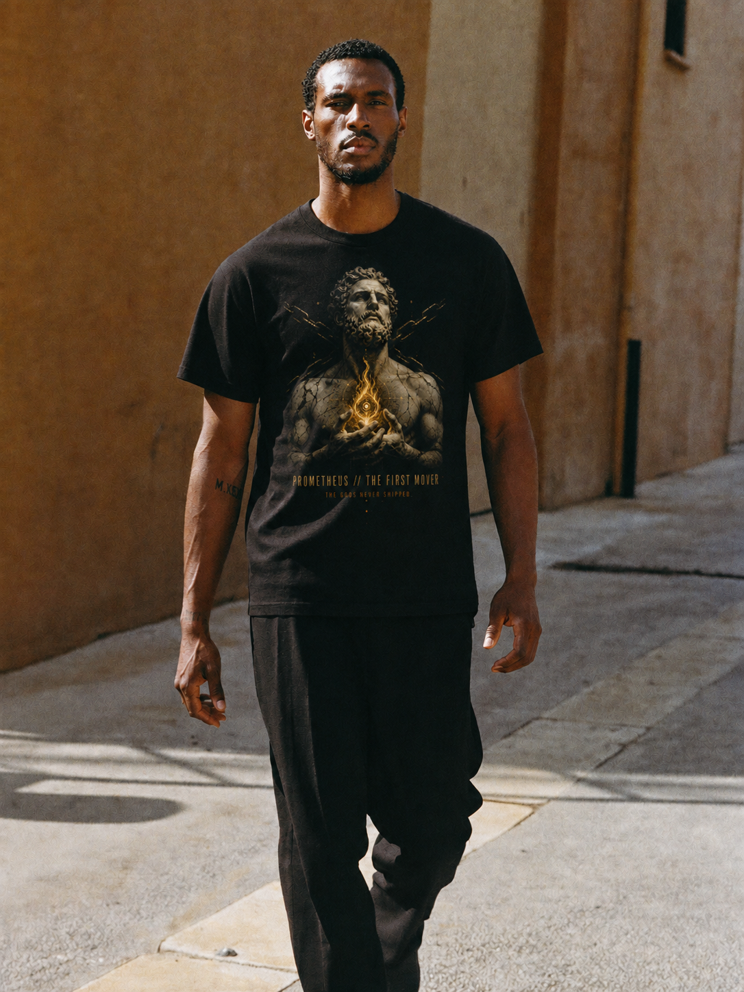 Prometheus First Mover black T-shirt — male Athens lifestyle view 1