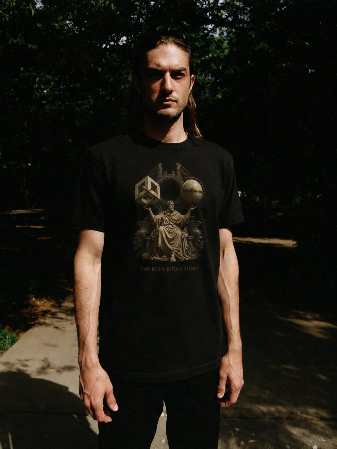 Pyrrho Suspension Mode black T-shirt — male Athens lifestyle shot 01