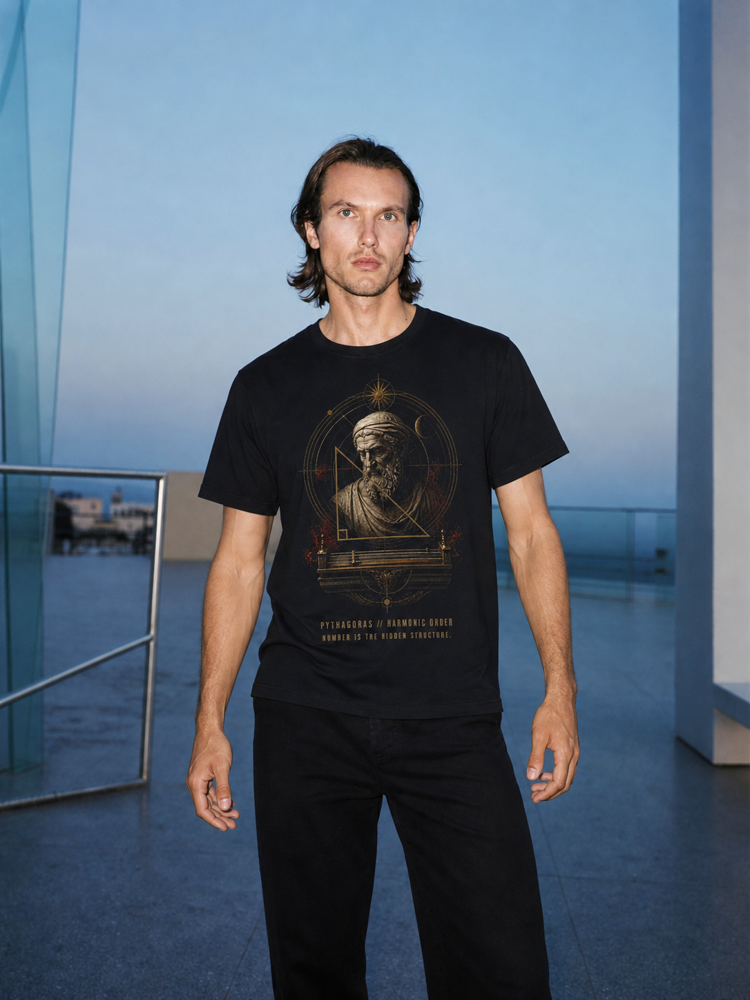 Pythagoras Harmonic Order black T-shirt — male Athens lifestyle shot 01