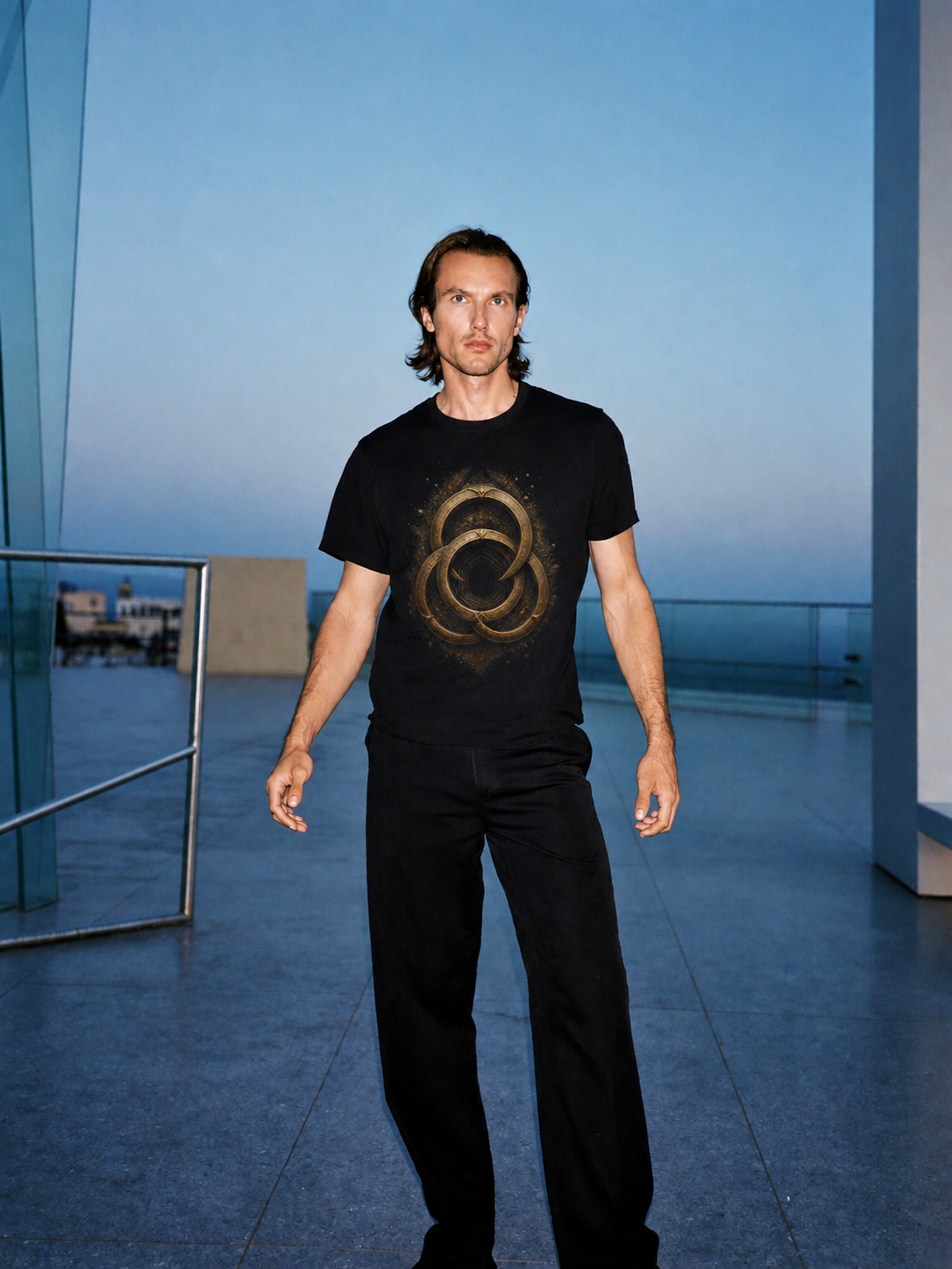 Samothrace Ring Portal black T-shirt — male Athens lifestyle shot 01