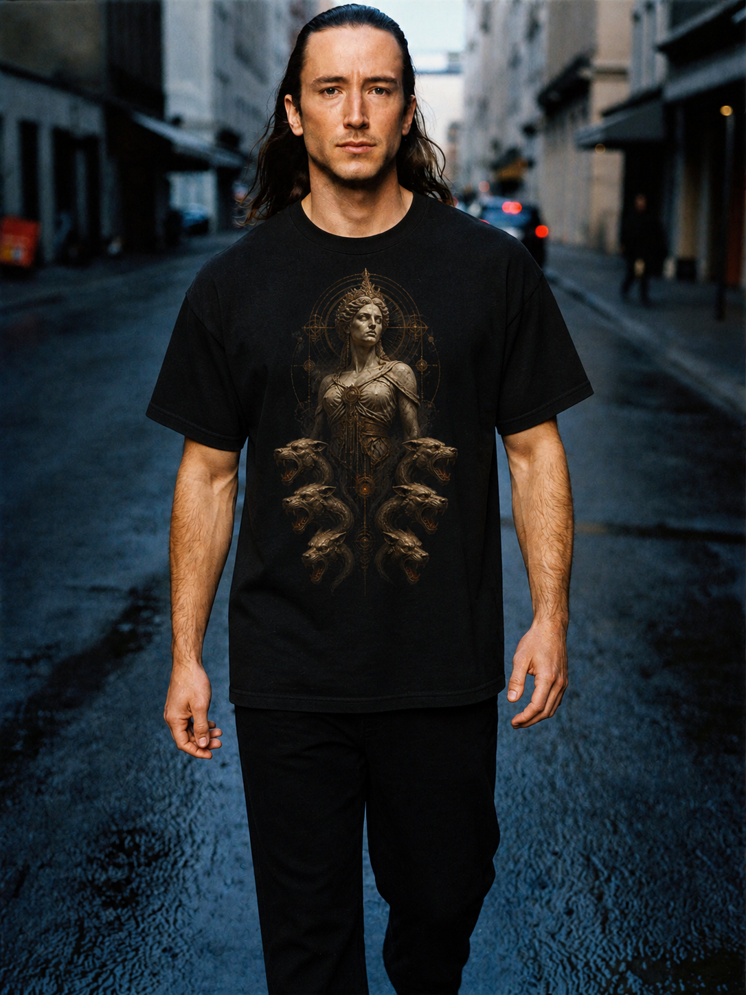 Scylla Below the Strait black T-shirt — male Athens lifestyle shot 01