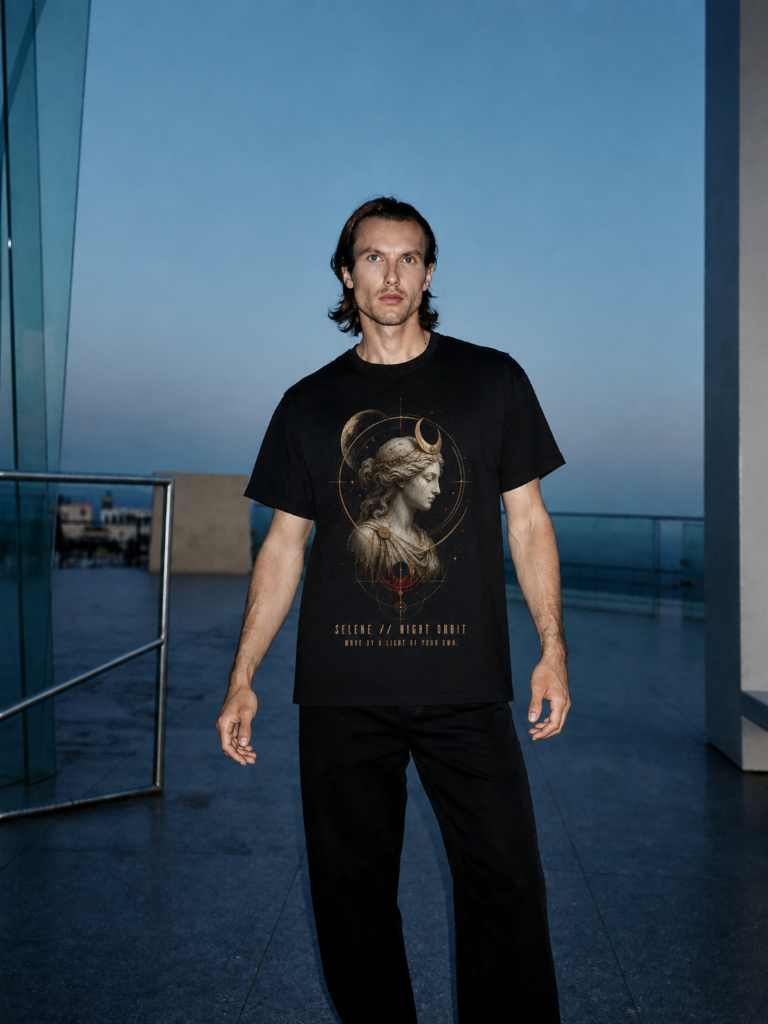 Selene Night Orbit black T-shirt — male Athens lifestyle shot 01