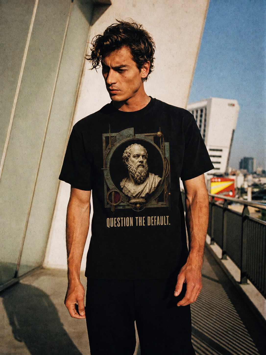 Socrates Examined Life black T-shirt — male Athens lifestyle shot 01