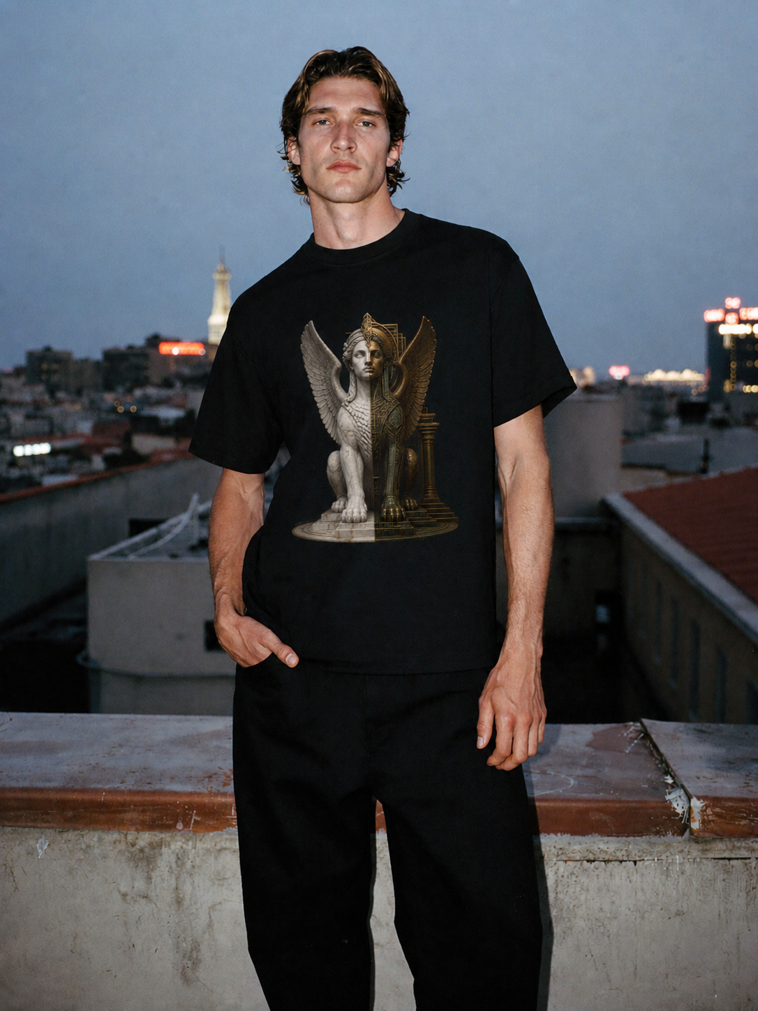 Sphinx Gate black T-shirt — male Athens lifestyle shot 01
