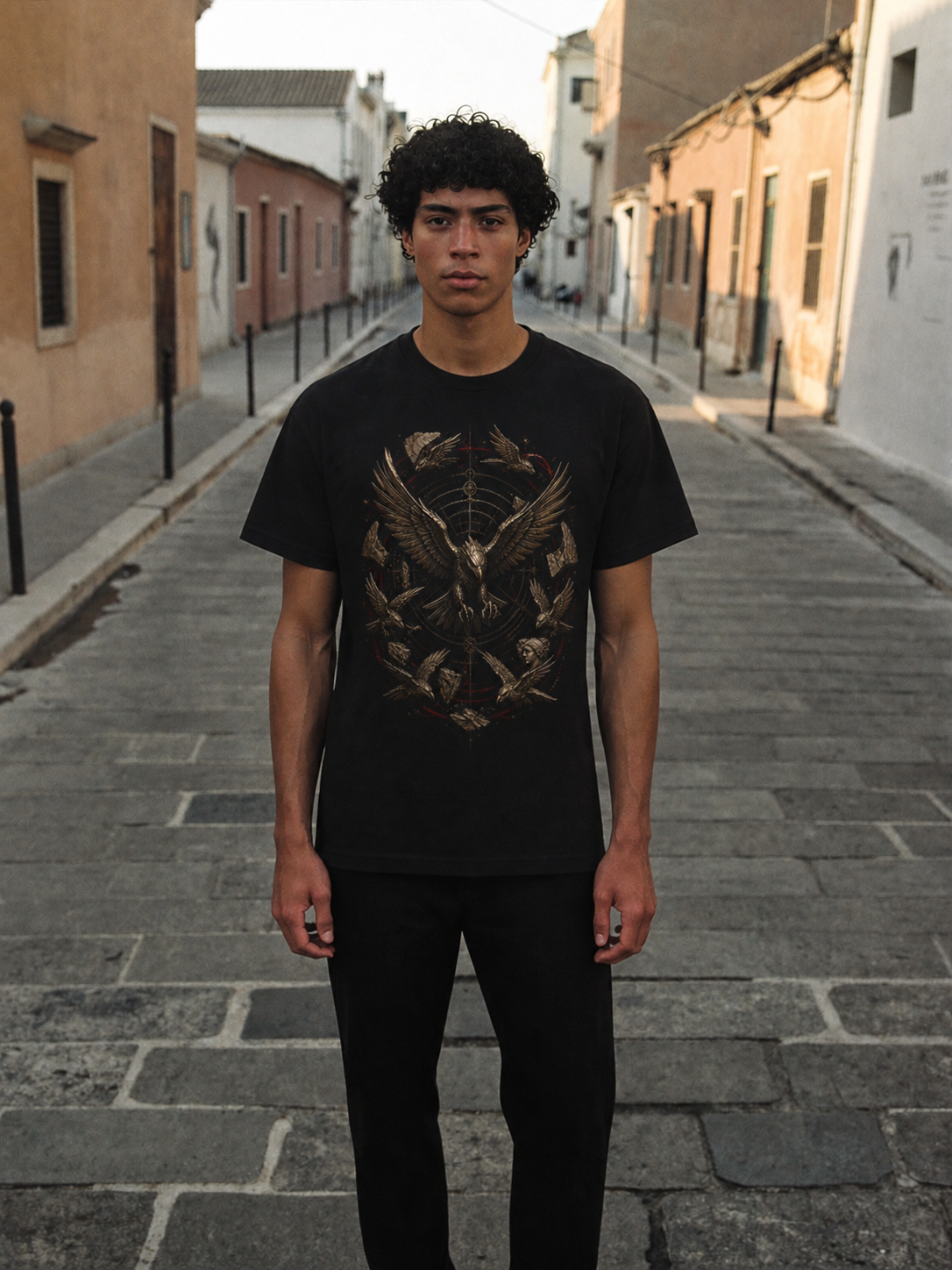Stymphalian Metal Flock black T-shirt — male Athens lifestyle shot 01