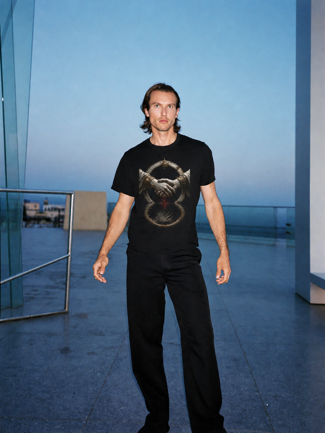Styx Oath Current black T-shirt — male Athens lifestyle shot 01