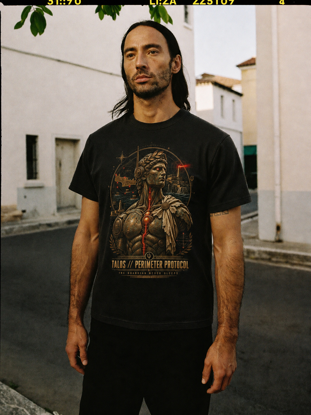 Talos Perimeter Protocol black T-shirt — male Athens lifestyle shot 01