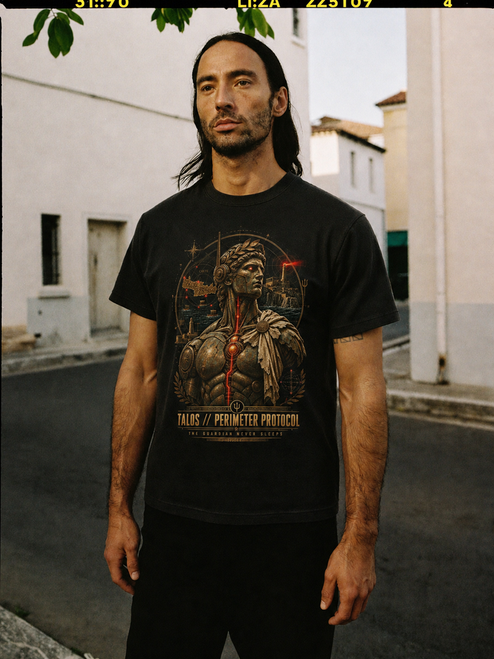 Talos Perimeter Protocol black T-shirt — male Athens lifestyle shot 01