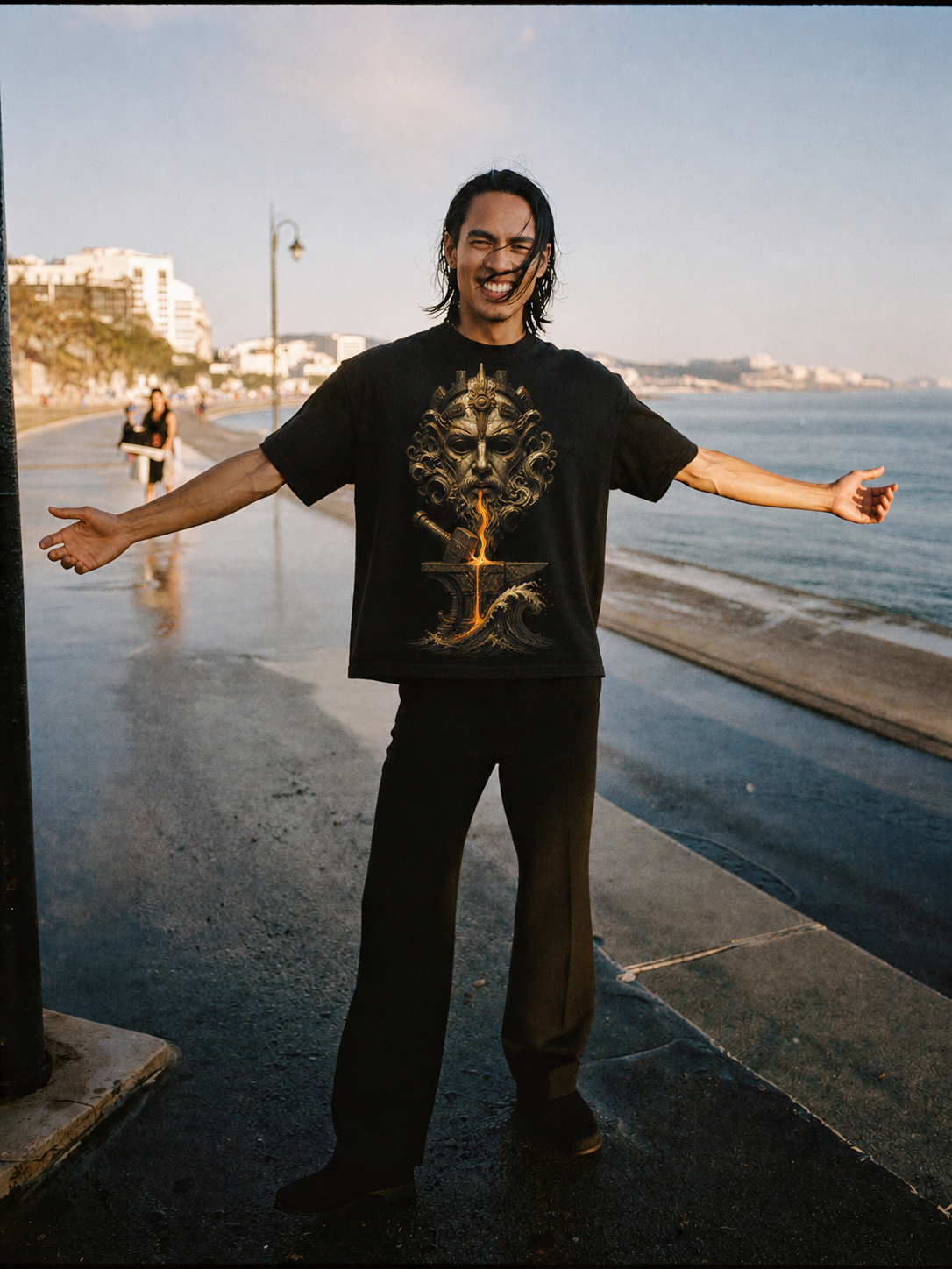 Telchines Abyssal Forge black T-shirt — male Athens lifestyle shot 01