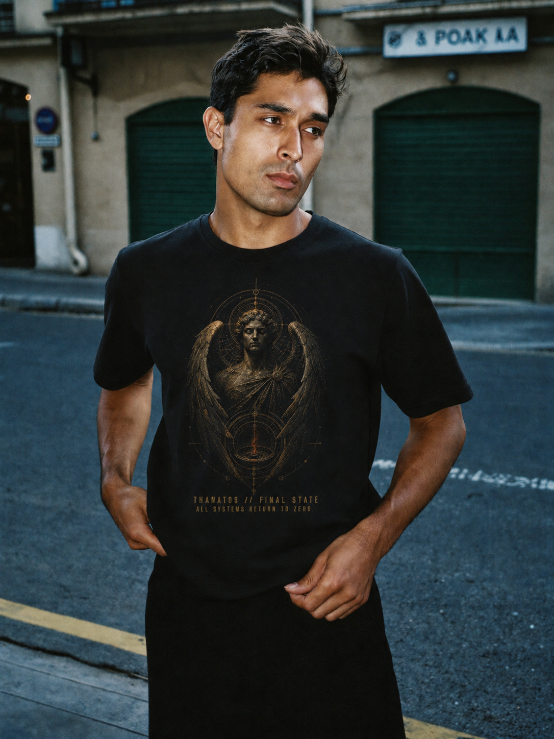 Thanatos Final State black T-shirt — male Athens lifestyle shot 01