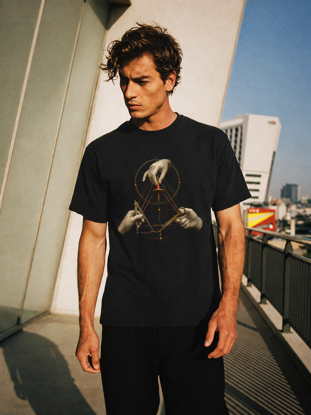 The Three Threads black T-shirt — male Athens lifestyle shot 01