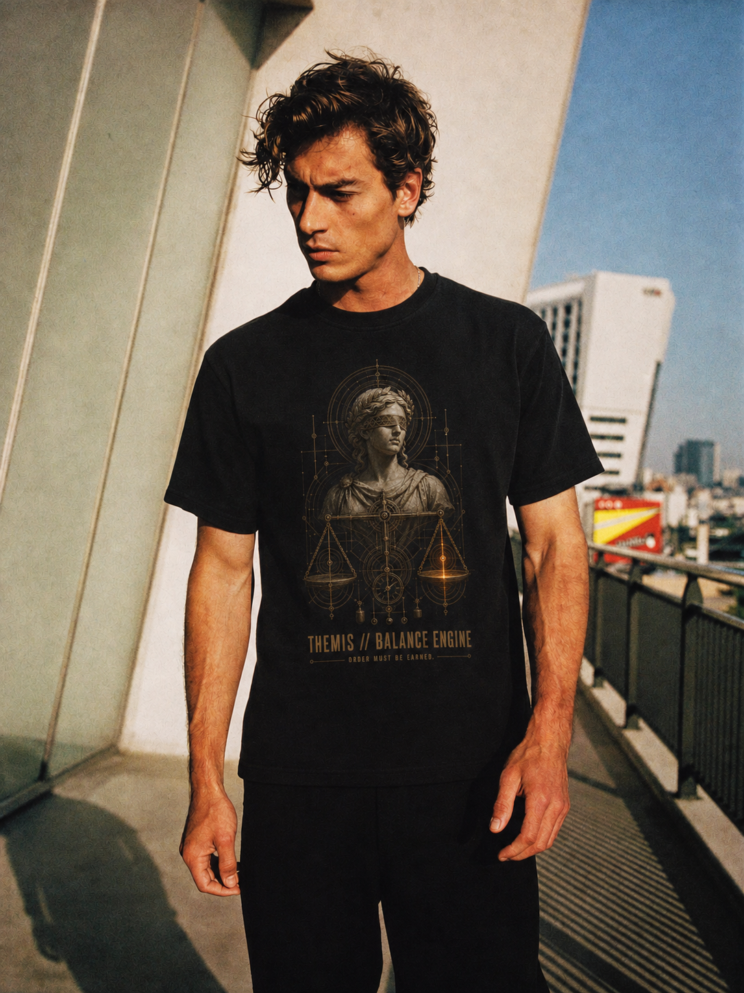 Themis Balance Engine black T-shirt — male Athens lifestyle shot 01