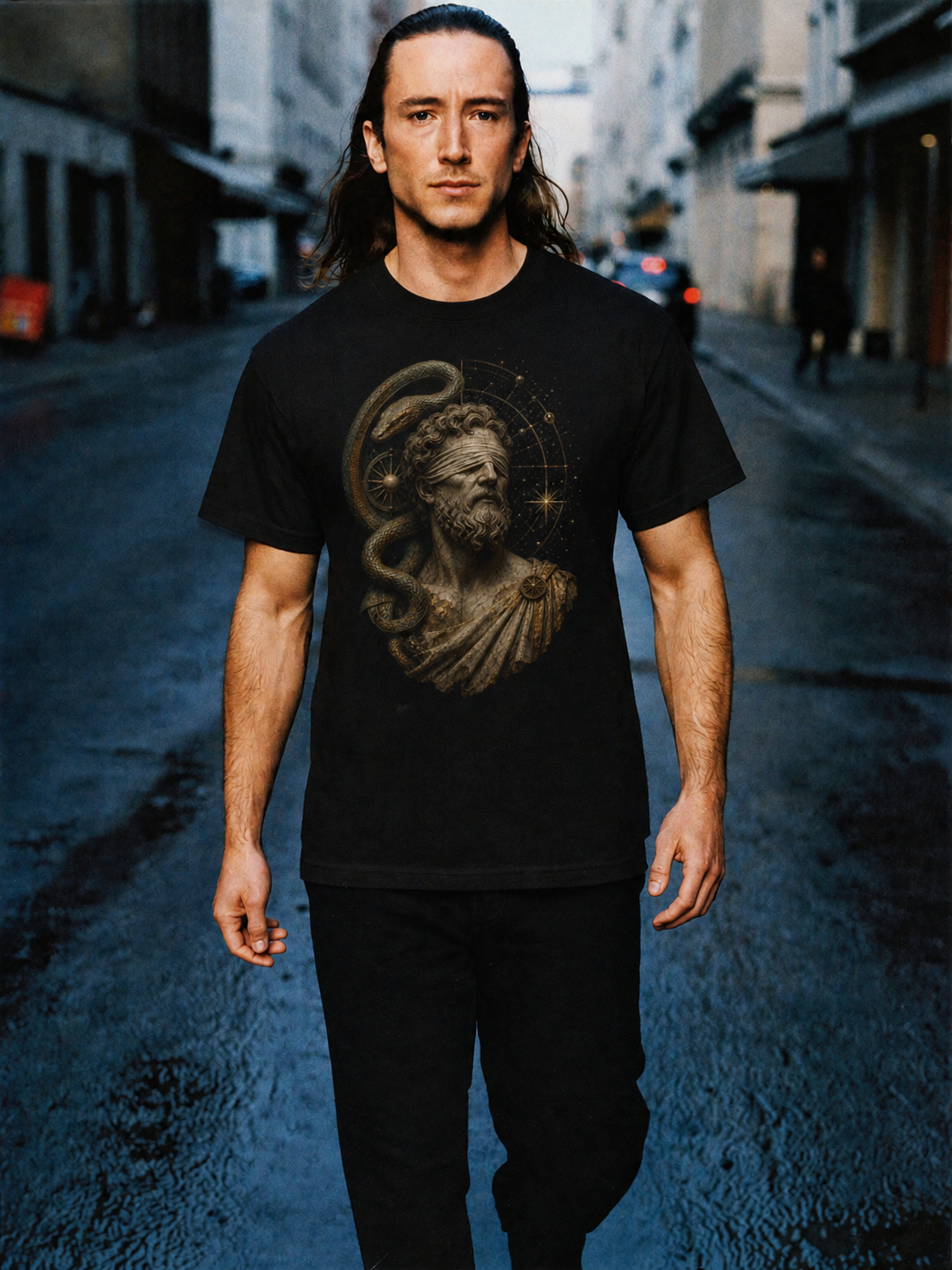 Tiresias Double Vision black T-shirt — male Athens lifestyle shot 01