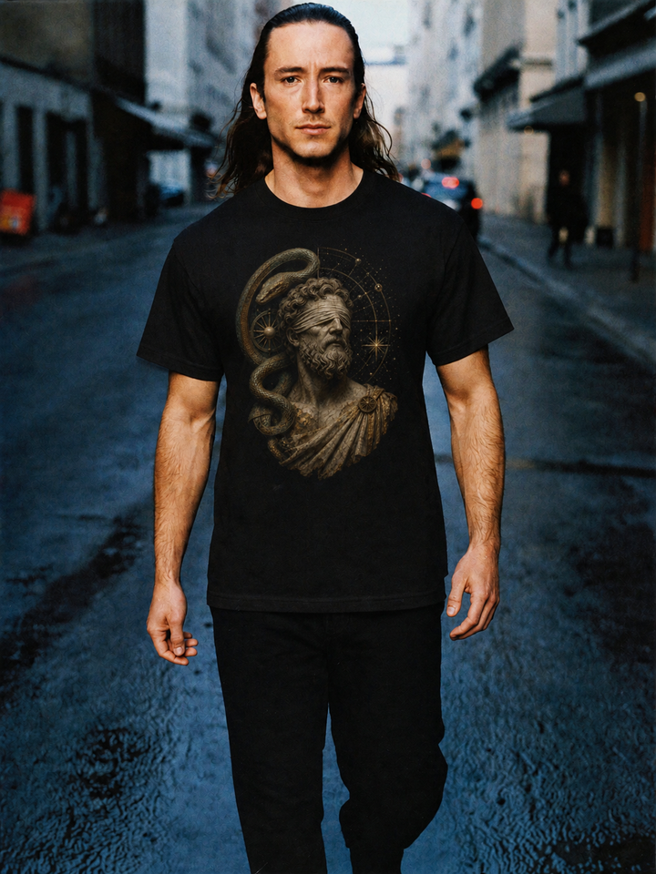 Tiresias Double Vision black T-shirt — male Athens lifestyle shot 01