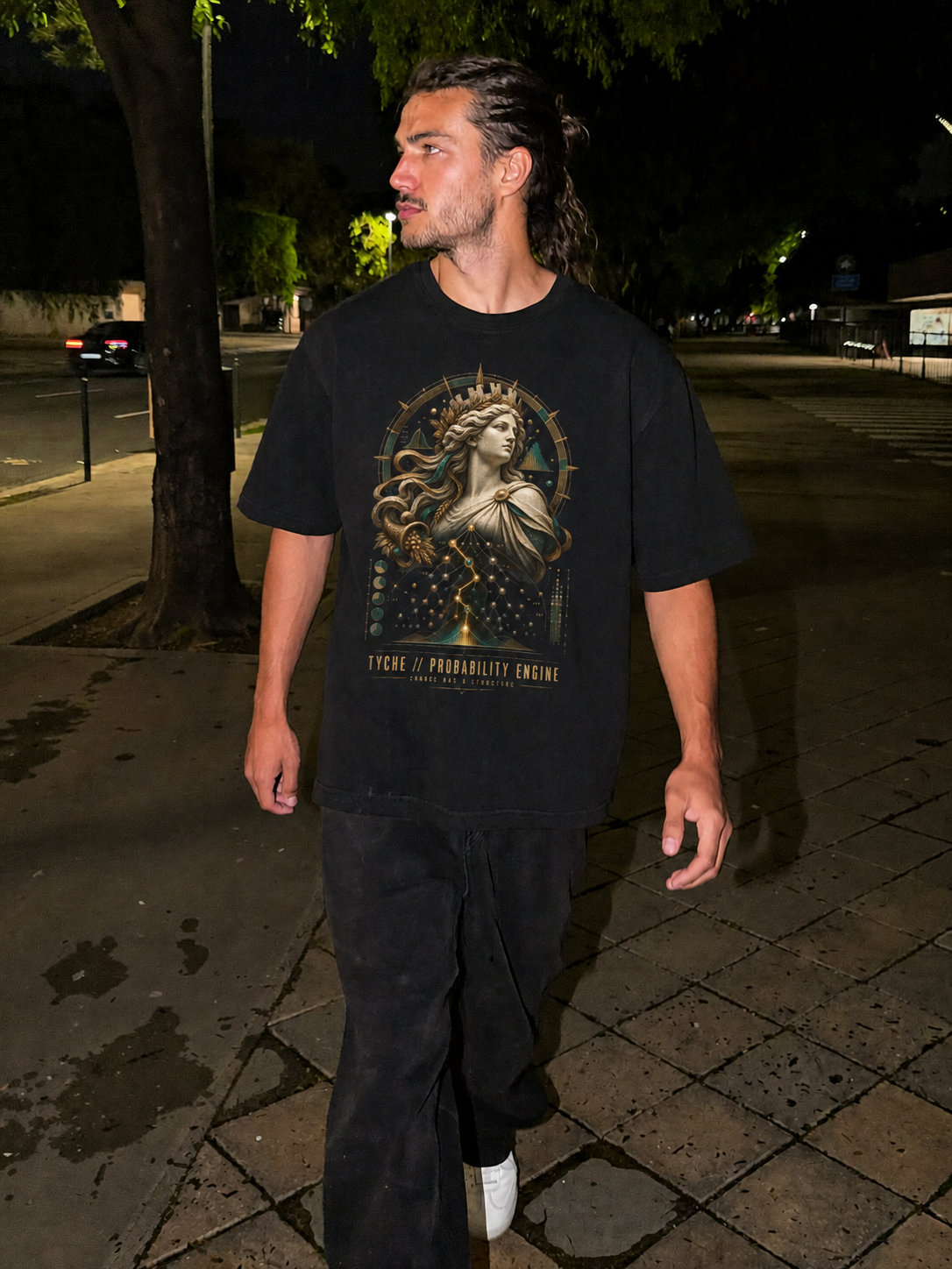 Tyche Probability Engine black T-shirt — male Athens lifestyle shot 01
