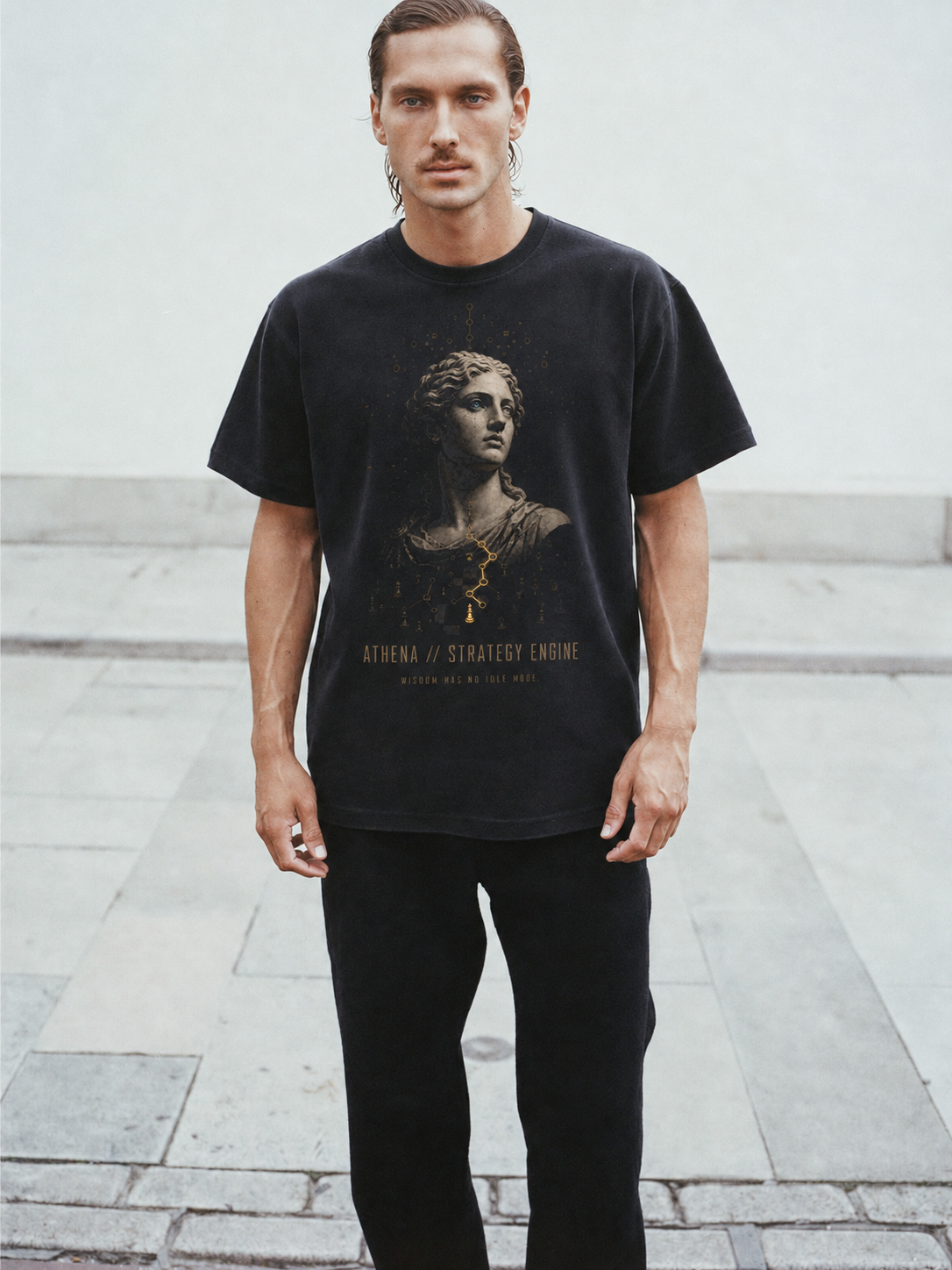 Athena Strategy Engine black T-shirt — male Athens lifestyle view 1