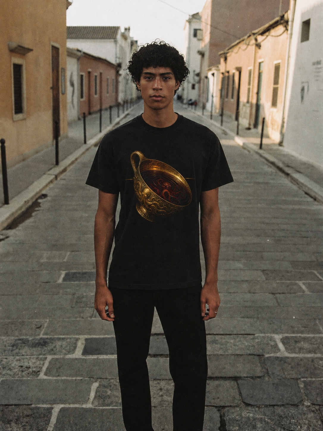 Wine-Dark Sea Cup T-Shirt — male lifestyle scene 1 in Athens