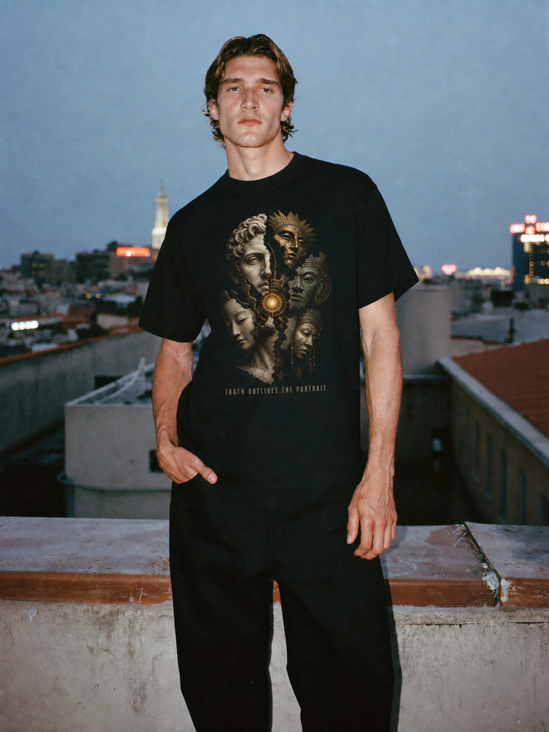 Xenophanes Beyond Image black T-shirt — male Athens lifestyle shot 01