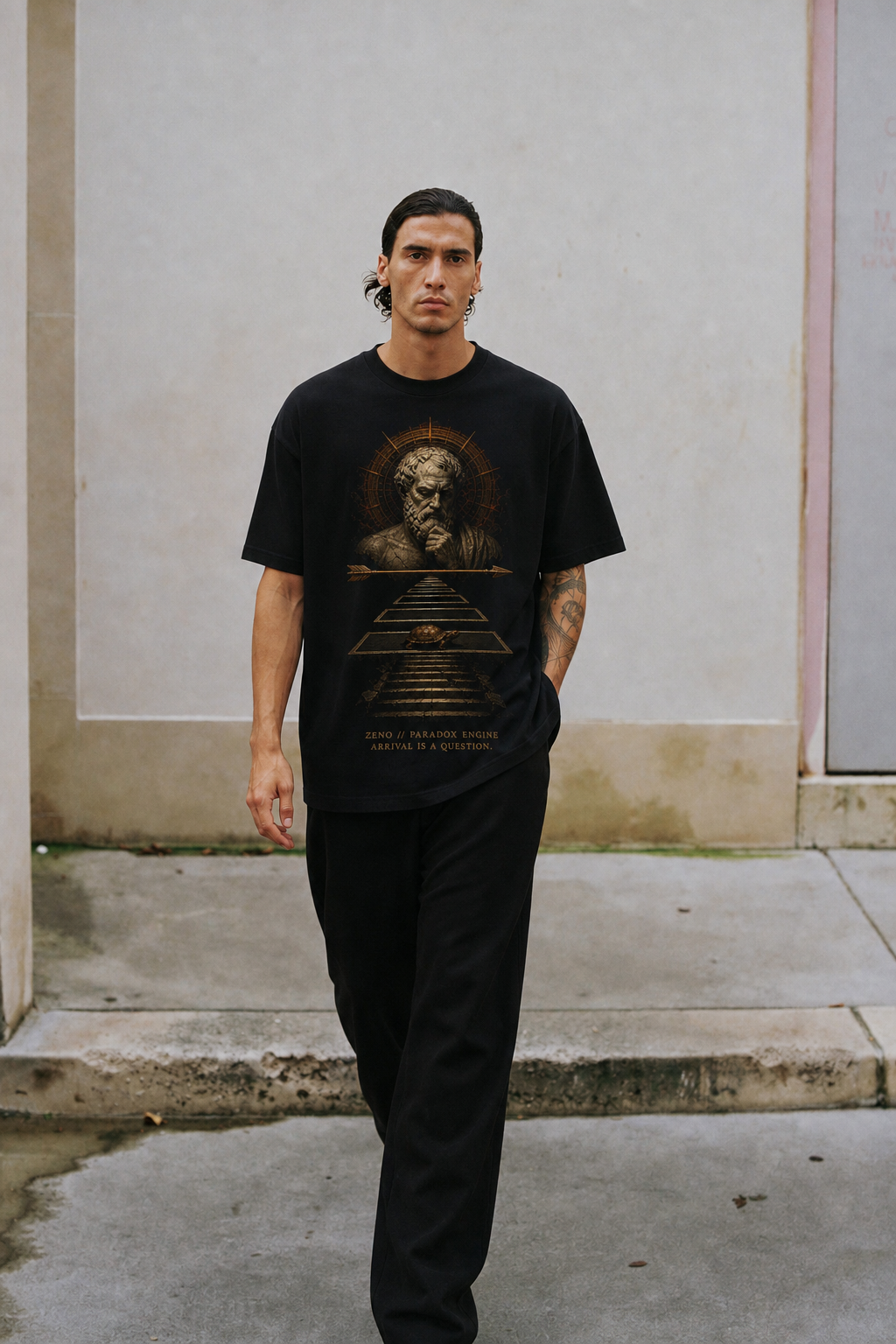 Zeno Paradox Engine black T-shirt — male Athens lifestyle shot 01