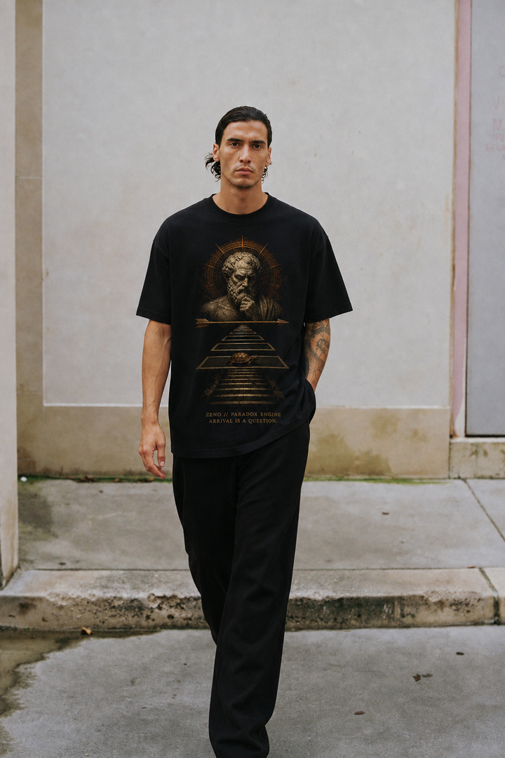 Zeno Paradox Engine black T-shirt — male Athens lifestyle shot 01