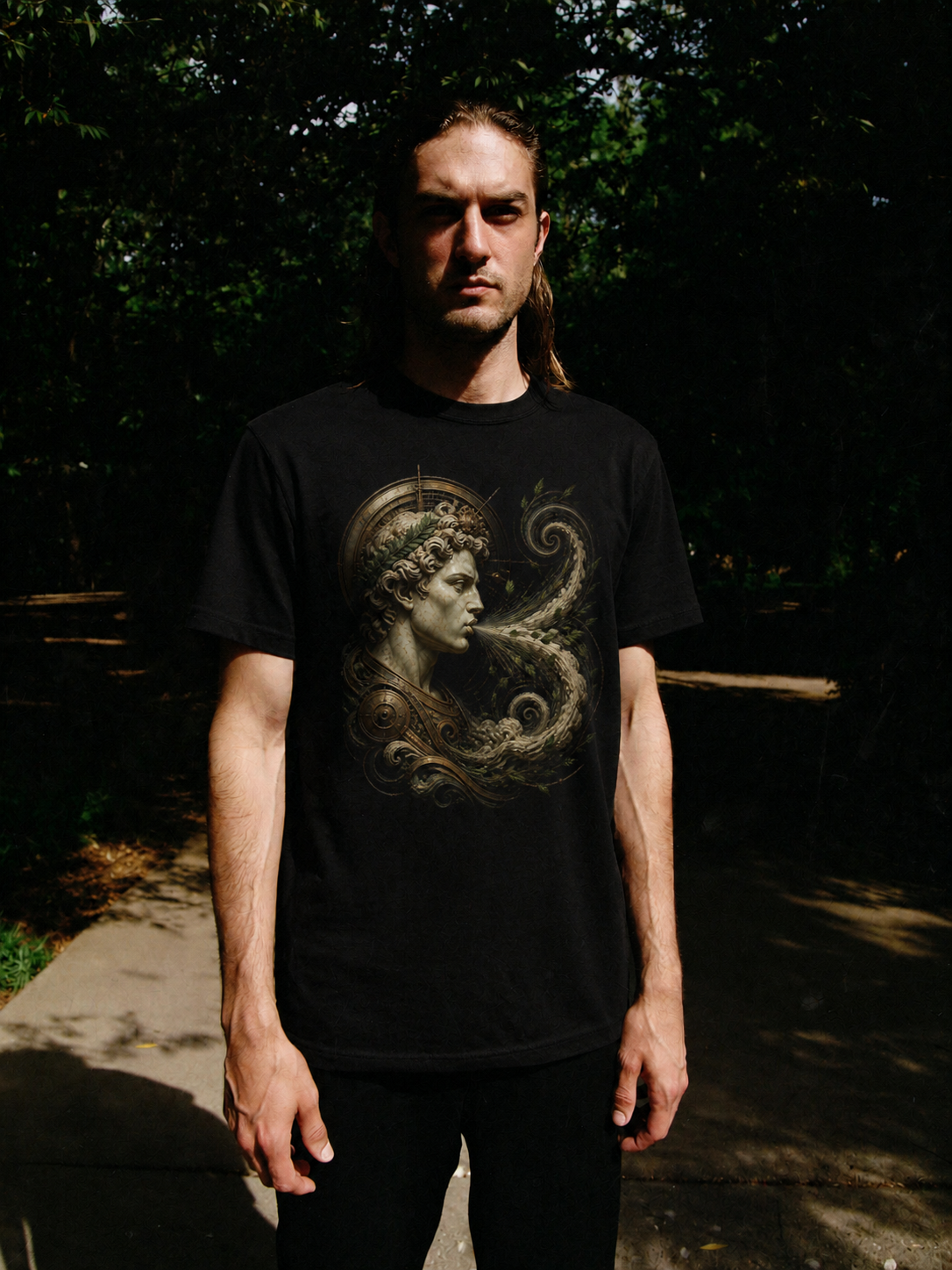 Zephyrus Spring Spiral black T-shirt — male Athens lifestyle shot 01
