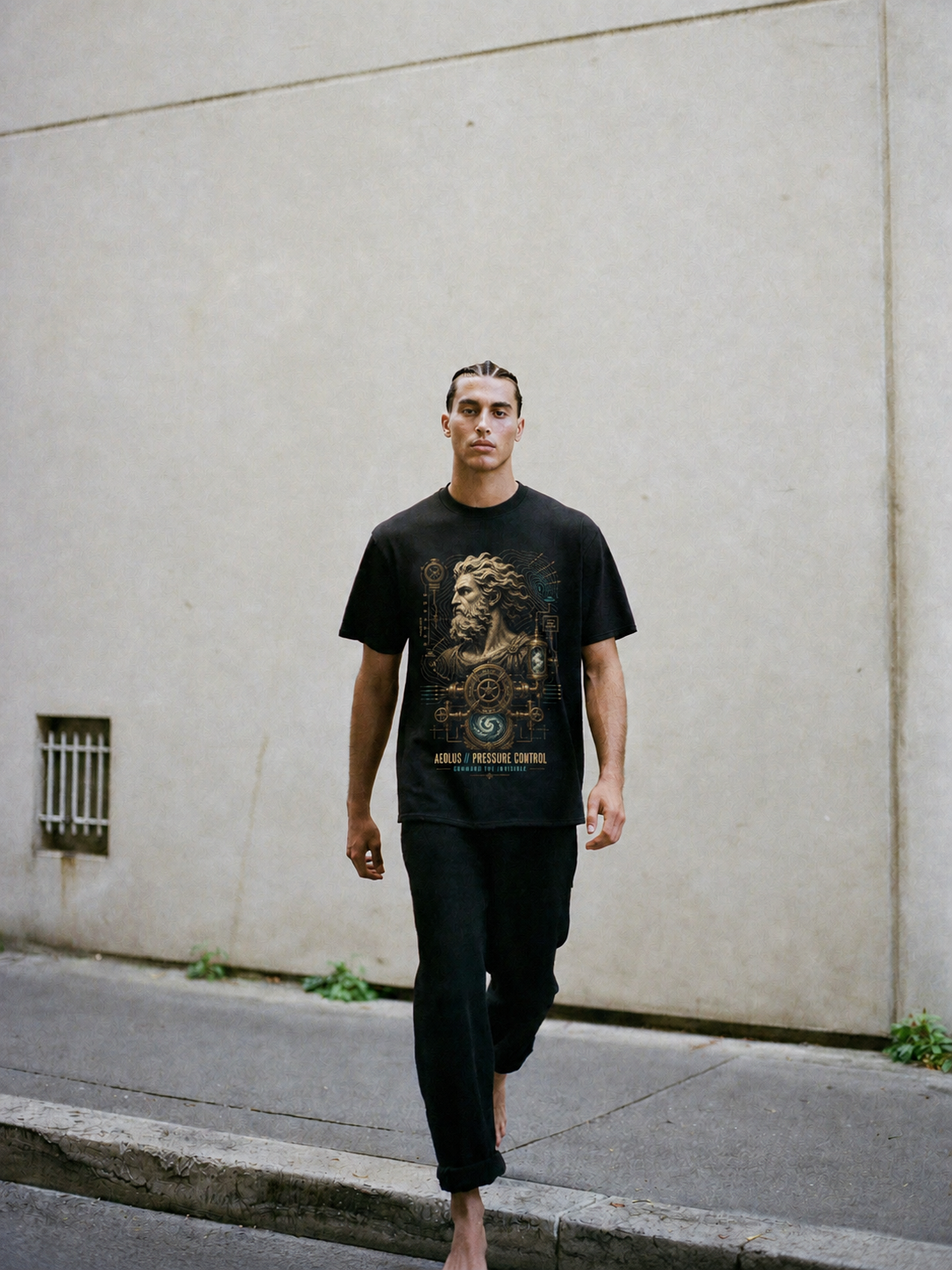 Aeolus Pressure Control black T-shirt — male Athens lifestyle shot 02