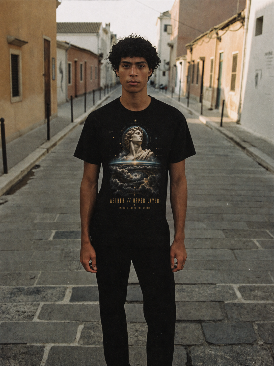 Aether Upper Layer black T-shirt — male Athens lifestyle shot 02