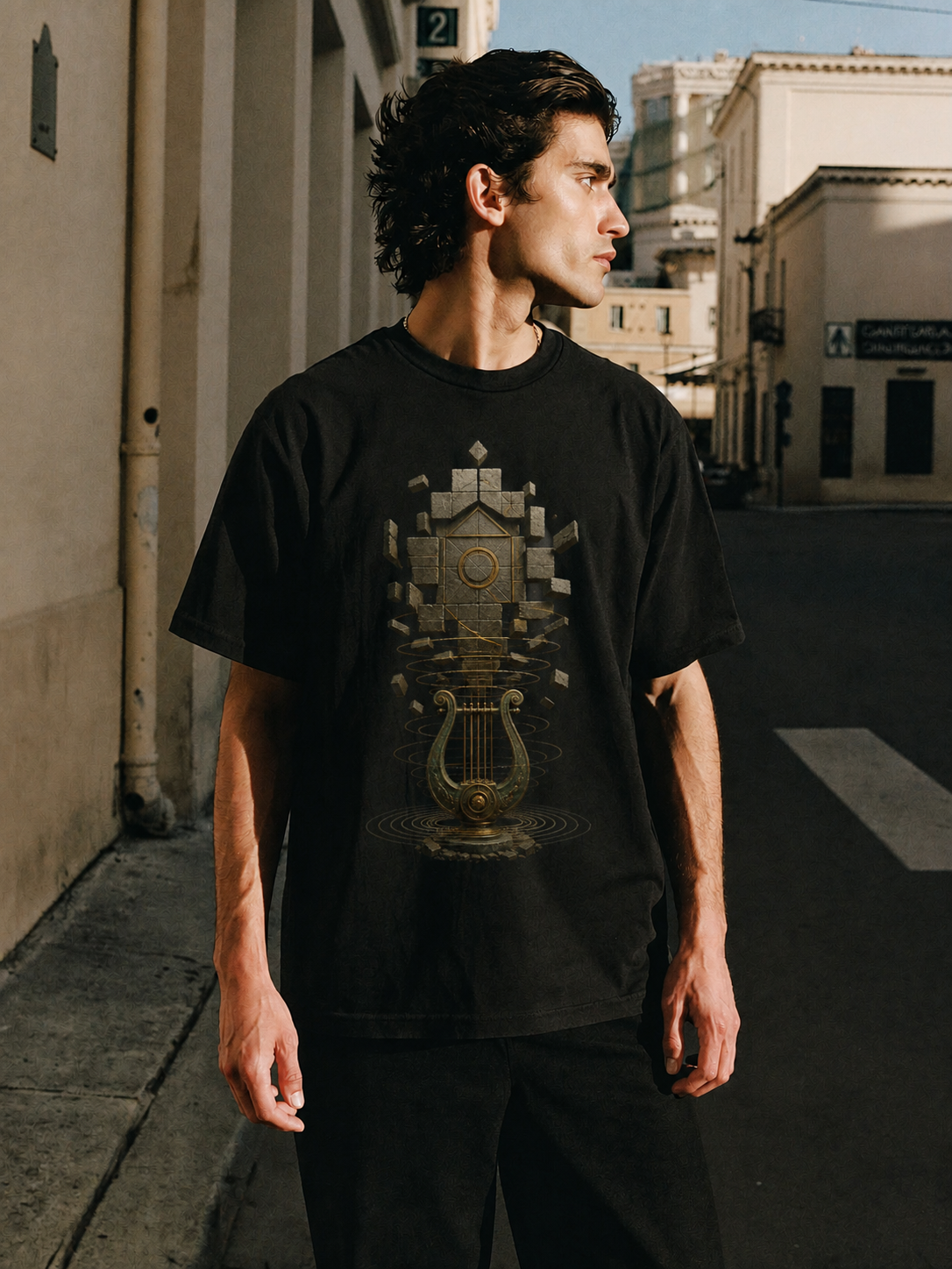 Amphion Stone Chorus black T-shirt — male Athens lifestyle shot 02