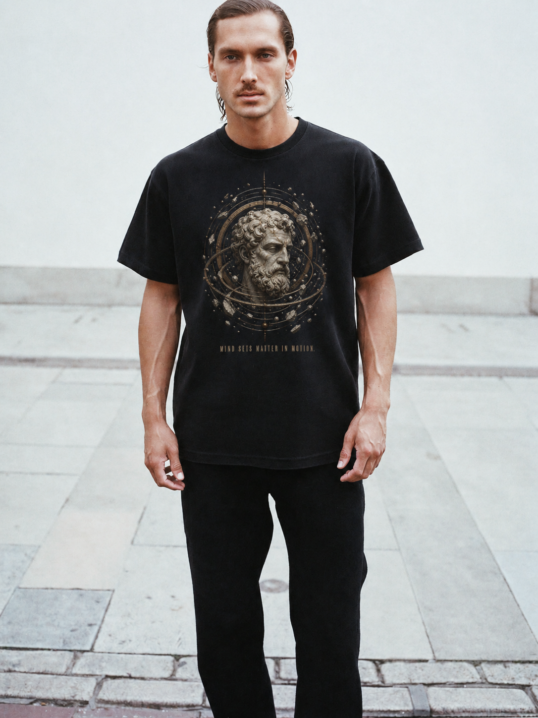Anaxagoras Nous Engine black T-shirt — male Athens lifestyle shot 02