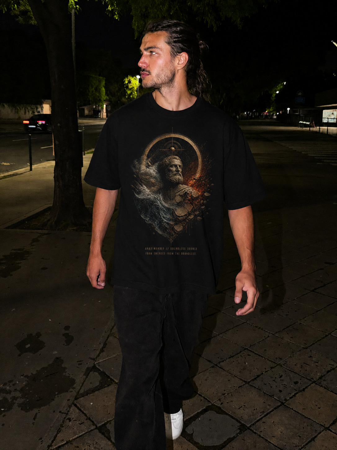 Anaximander Boundless Source black T-shirt — male Athens lifestyle shot 02