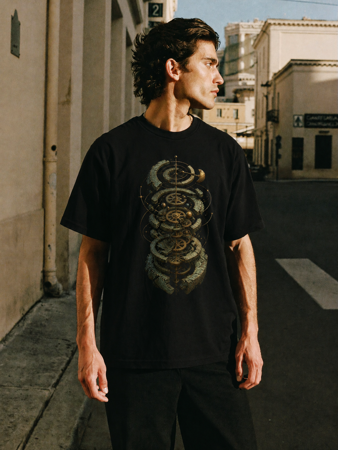 Antikythera Celestial Mechanism black T-shirt — male Athens lifestyle shot 02